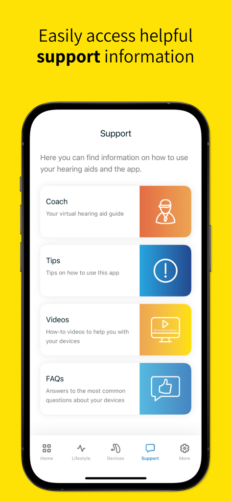 Unitron Remote Plus - Support screen of the Unitron Remote Plus app showing coach tips and video guides