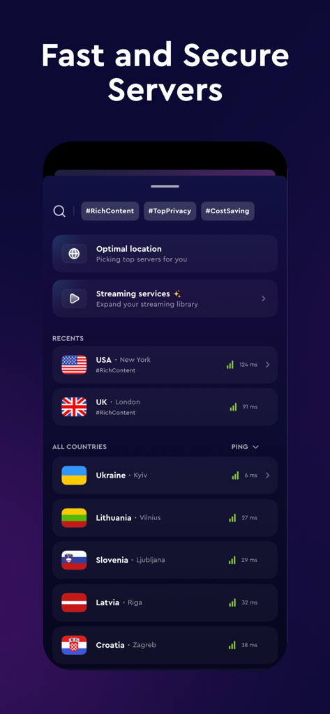 ClearVPN mobile app interface displaying a list of global server locations with ping times and connection categories.