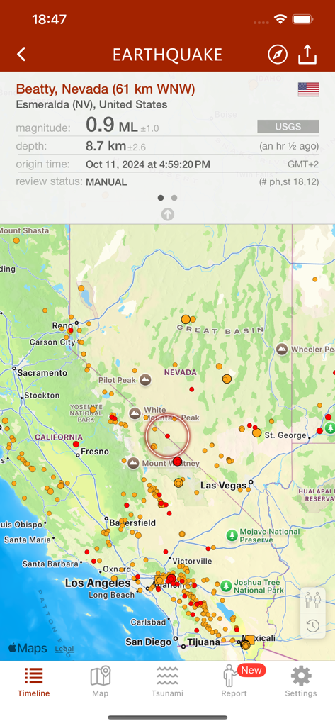 Earthquake - alerts and map - Earthquake app map showing seismic activity and event data for California and Nevada.