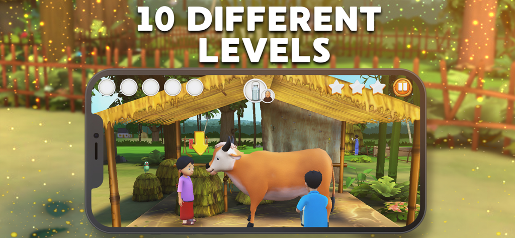 Meena Game 2 - Captura de pantalla del juego de Meena Game 2 que muestra a Meena y Raju en una granja con una vaca y texto que indica 10 niveles diferentes.
