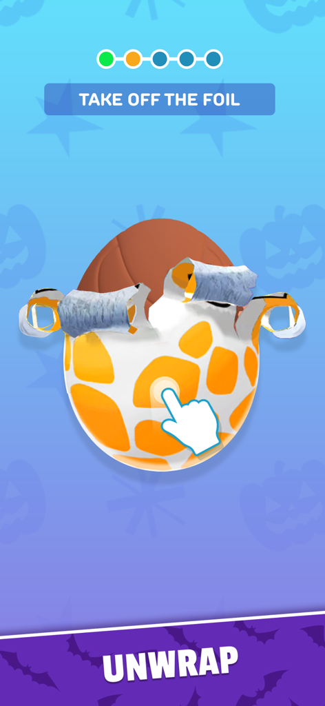 A hand peeling the foil off a spotted surprise egg in the Toy Master mobile game.