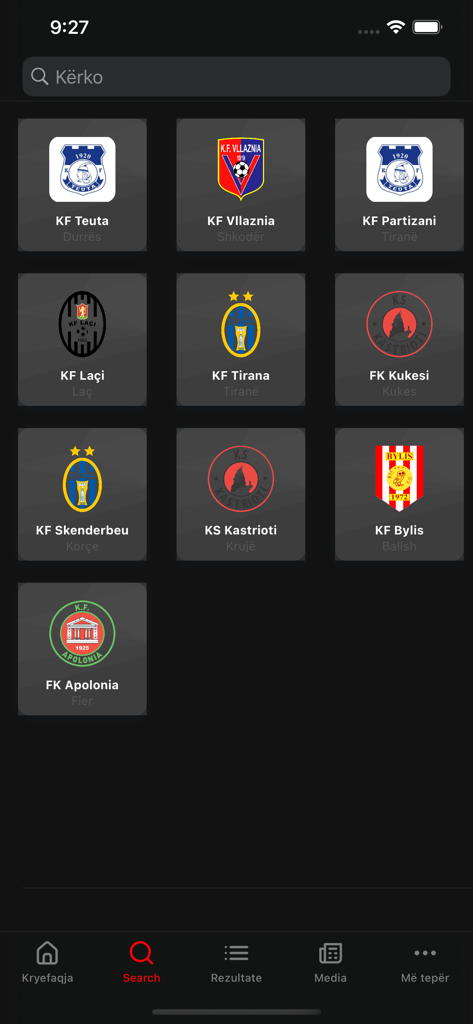 FSHF App - A search screen in the FSHF app displaying a grid of Albanian football club logos including KF Teuta, KF Tirana, and KF Partizani.