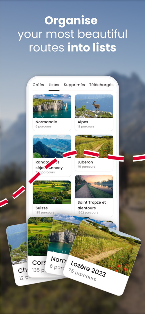 OpenRunner – Bike, hike, trail - Mobile app interface of OpenRunner showing outdoor routes organized into custom lists like Alps and Normandy.