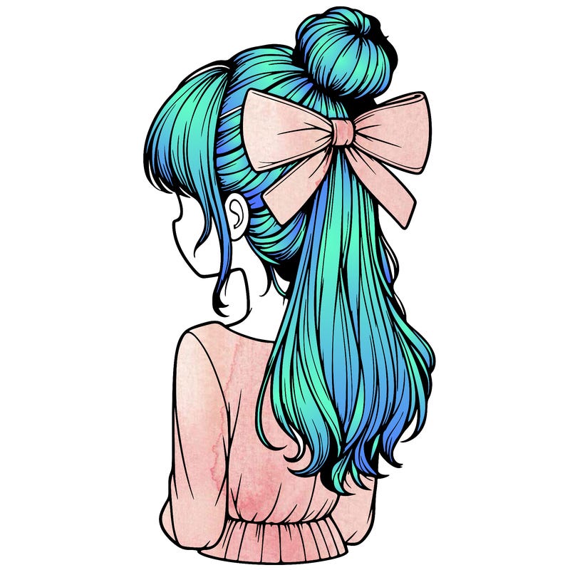realistic girl  with hip length hair a bun and a big bow on the back of head