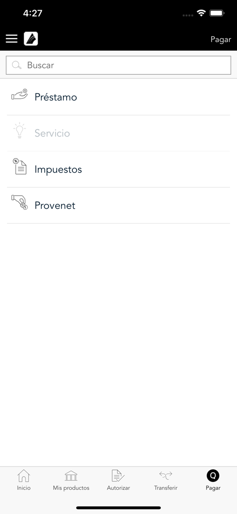 GTCApp Empresa - GTCApp Empresa mobile interface showing payment options for loans and taxes