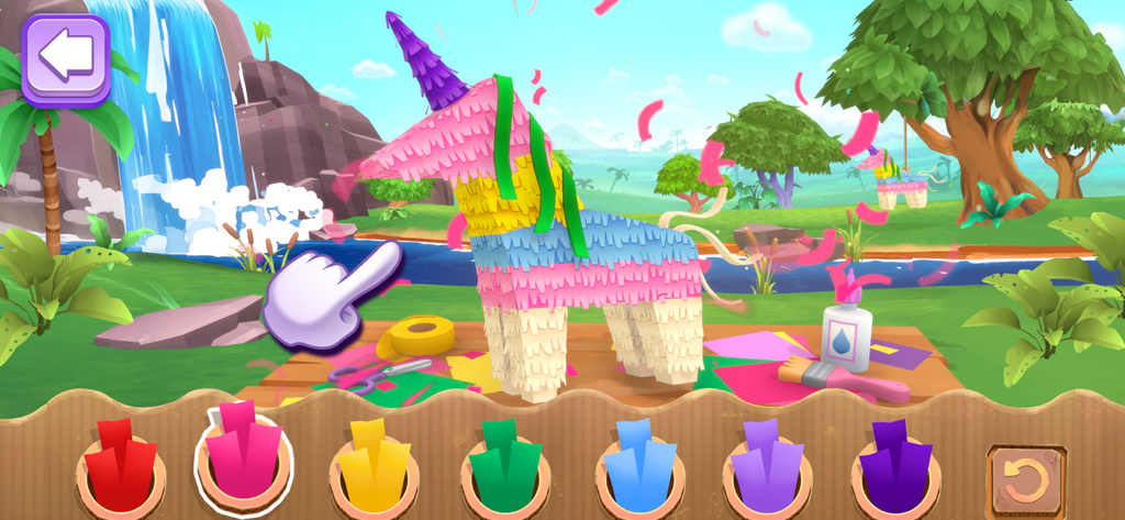 A colorful unicorn piñata crafting mini game in the Dora Explore and Play app