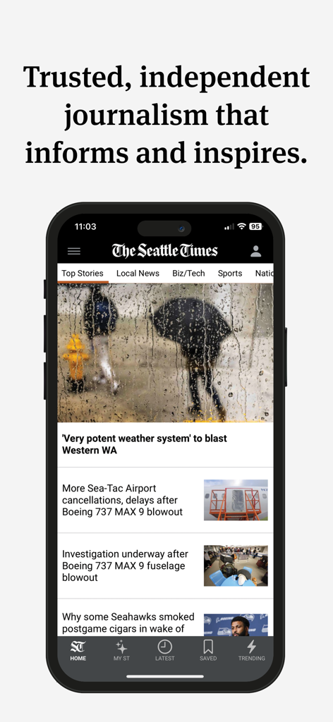 Seattle Times mobile app homepage with local news headlines