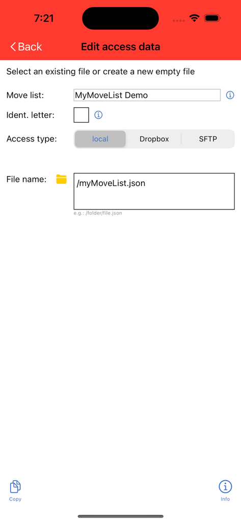 MyUmzug - MyUmzugアプリの編集アクセスデータ画面、保存場所とファイル名の管理