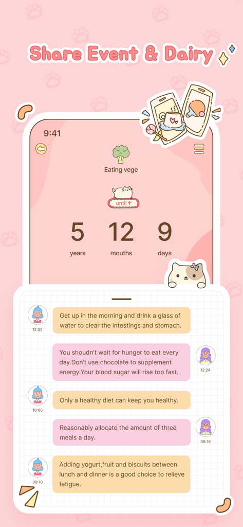 A pink aesthetic app interface showing a countdown for healthy habits and a social diary with lifestyle tips.
