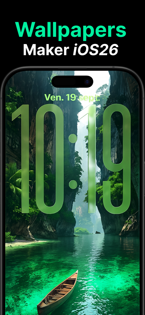 Pantalla de bloqueo de iPhone que muestra un fondo de pantalla de paisaje de alta calidad con un barco en agua esmeralda