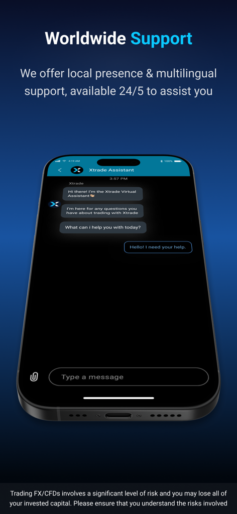 Xtrade Online-Handels-App-Schnittstelle für virtuelle Assistenten-Chats für globalen Support