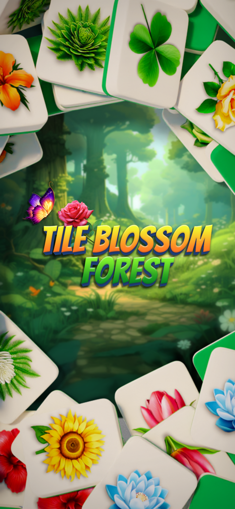 Tile Blossom Forest: Triple 3D - Title screen of Tile Blossom Forest game with 3D floral matching tiles and a serene forest background