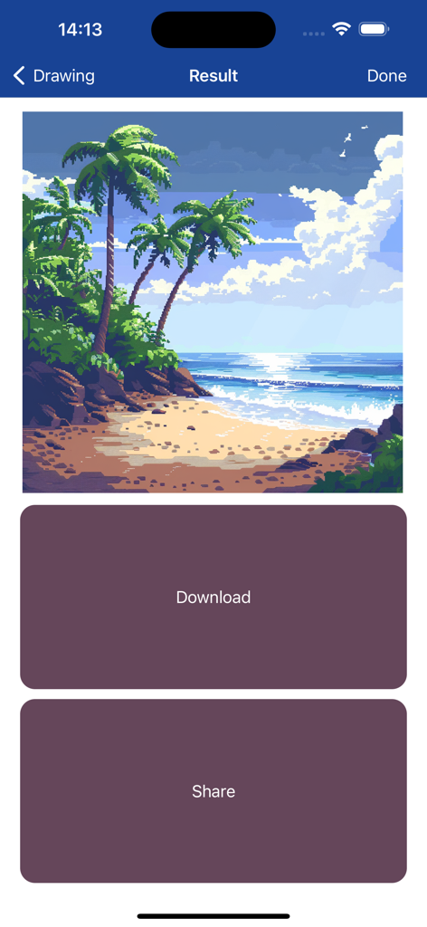 Pixel Art - 8 Bit Painter - Pixelkunst-Strandillustration auf dem Ergebnisbildschirm mit Download- und Freigabe-Schaltflächen