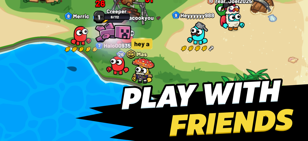 All Out: Play with Friends - Colorful cartoon avatars interacting in a beach environment with the text Play With Friends