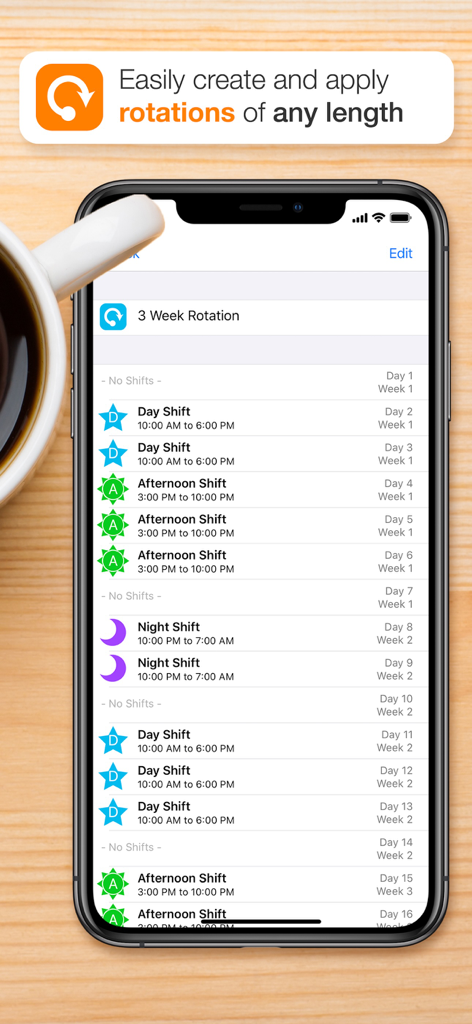 Interfaccia dell'app Shift Worker che visualizza un programma di rotazione lavorativa di tre settimane con icone colorate per turni diurni, pomeridiani e notturni