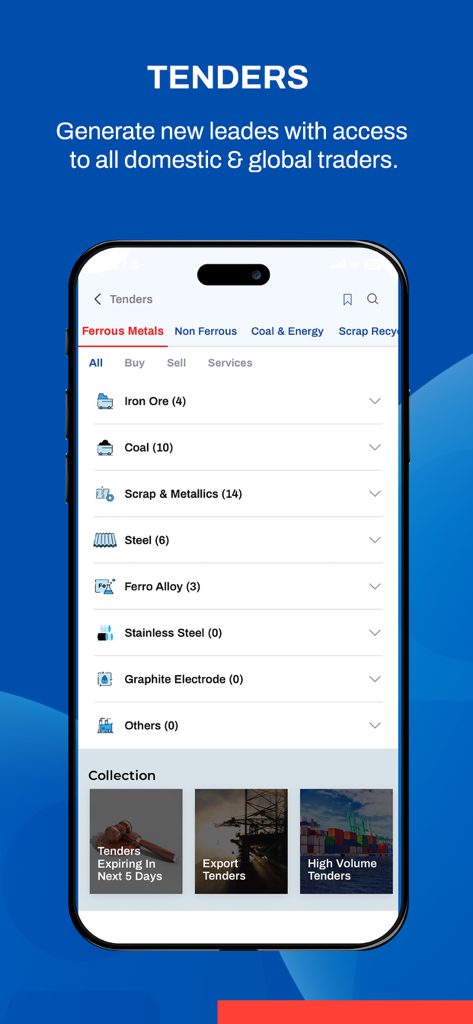 BigMint - BigMint mobile app interface showing a list of global tenders for commodities like iron ore coal and steel