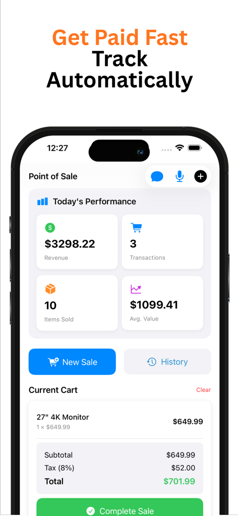 Invoice Manager - Invoice Manager app showing a Point of Sale dashboard with revenue metrics and a current checkout cart on an iPhone.