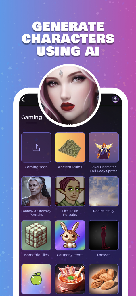 TokkingHeads AI Magic Avatars - Interfaz de la aplicación móvil que muestra diferentes categorías de generación de IA para personajes y activos del juego