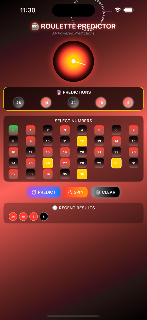 Quantum Roulette - Interfaccia dell'app mobile Quantum Roulette che mostra previsioni basate sull'IA e una griglia di selezione dei numeri per la strategia di scommessa.