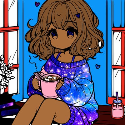 cute anime girl reading book and drinking hot chocolate from mug with loose wavy hair wearing a baggy sweatshirt and shorts sitting by windowsill looking out