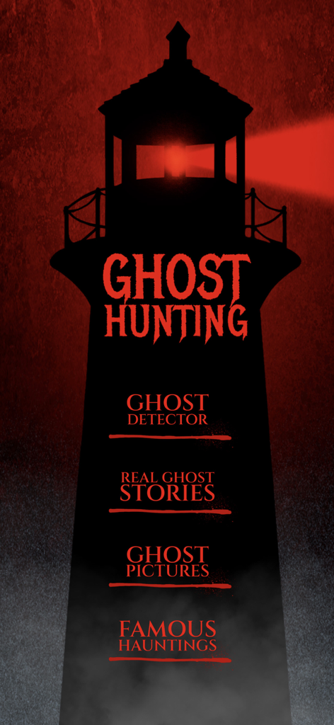 Ghost Detector & Spirit Box - Menú principal de la aplicación de Caza de Fantasmas con una silueta espeluznante de un faro y opciones para detección de fantasmas e historias paranormales