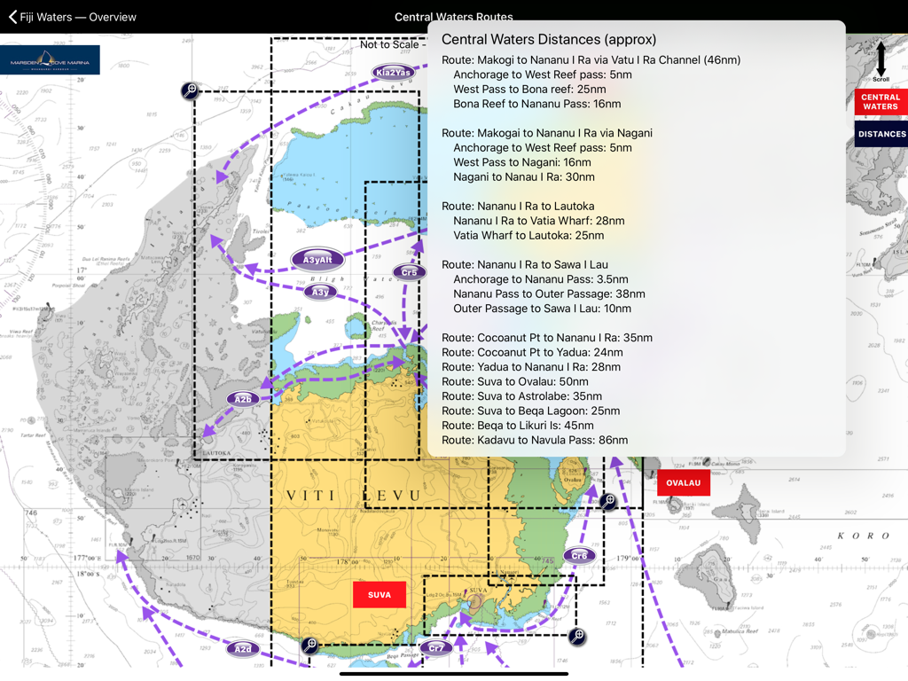 Navigation screen from Sail Fiji Cruising Guide showing routes and distances in Central Fiji waters.