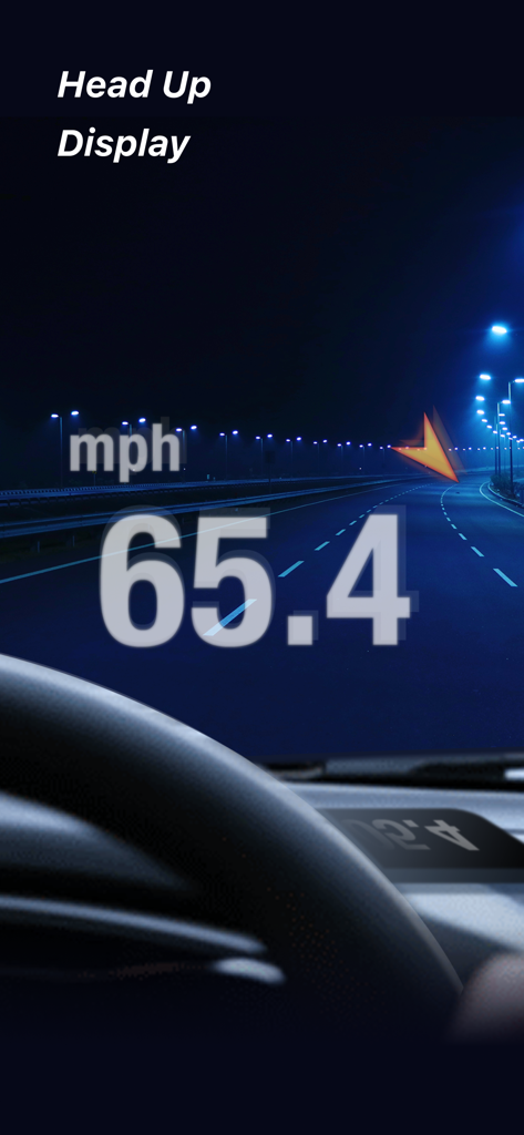 Speed Tracker. Pro - Speed Tracker Pro head up display showing vehicle speed reflected on a car windshield at night