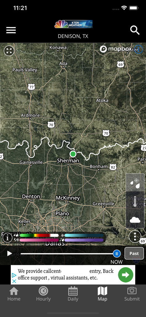 KTEN Weather - KTEN Weather app interface showing a high-resolution satellite map of the Texoma region including North Texas and Southern Oklahoma