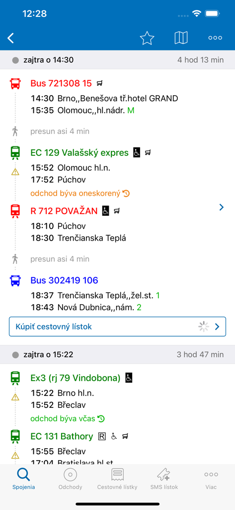 Mobile app interface showing detailed bus and train connections between various cities in the Czech Republic and Slovakia