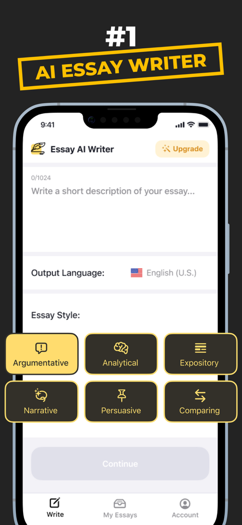 Interface de l'application Friday AI Essay Writing présentant différents styles de dissertation et un champ de saisie pour les descriptions de dissertation.