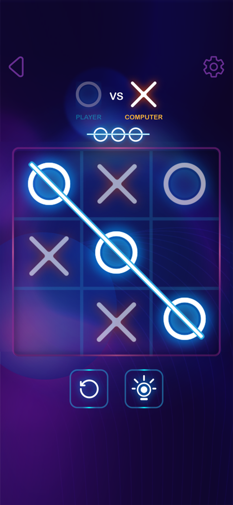 Tic Tac Toe 2 Player: XO Game - A neon glow Tic Tac Toe game board showing a winning diagonal line of circles in a player versus computer match