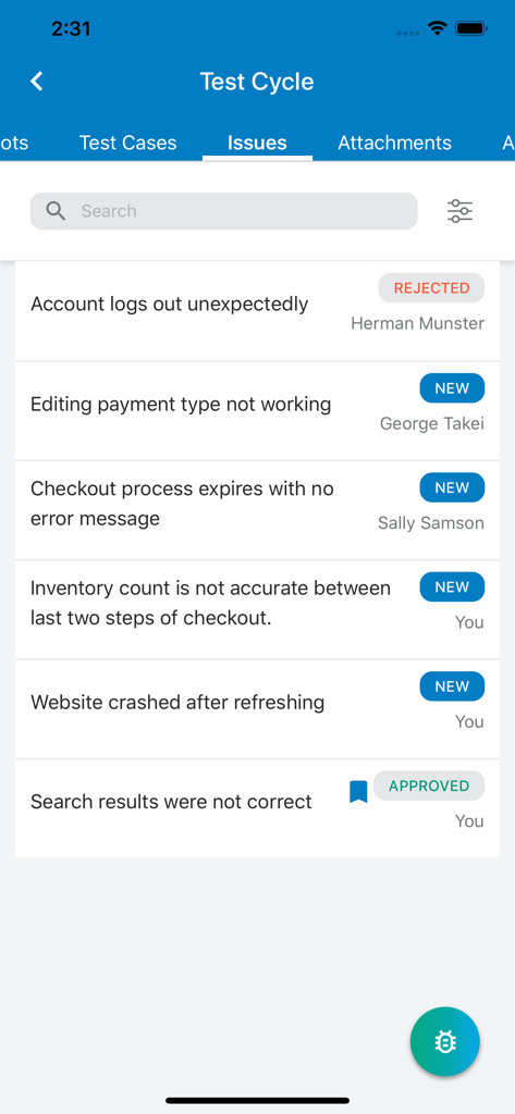 Una lista de errores de software reportados en la aplicación uTest que muestra descripciones de errores y etiquetas de estado como nuevo y aprobado