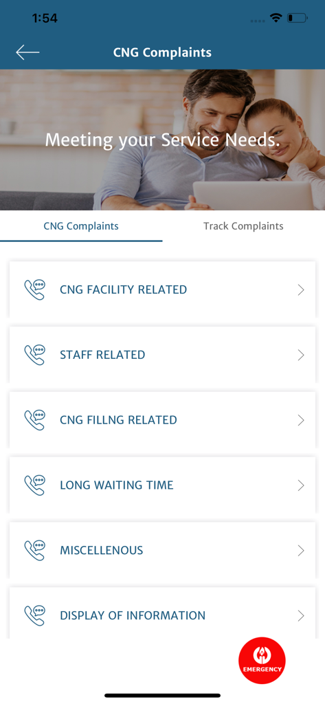 CNG complaints menu screen in the Gujarat Gas Limited mobile application