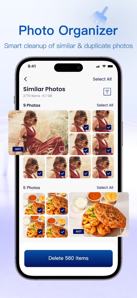 Now Cleaner: AI Photo Cleaner - Captura de pantalla de la aplicación Now Cleaner que muestra la interfaz del organizador de fotos con fotos similares agrupadas y un botón para eliminar 560 elementos.