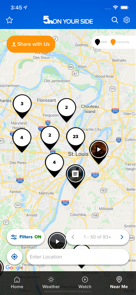 St. Louis News from KSDK - Interactive map in the St Louis News from KSDK app showing local news pins across the metropolitan area