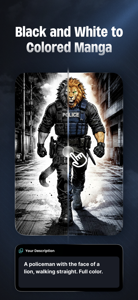 Mangii: AI Manga & Anime Art - AI-generated manga panel showing a comparison between black and white and full color versions of a lion-headed policeman character.