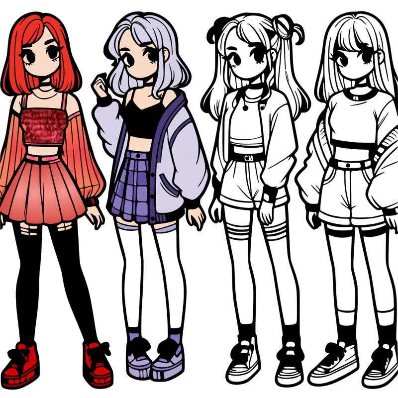 one girl with crop-top shirt and a jacket with a skirt, long socks and another girl with a shirt and pants with a jacket
