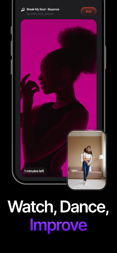 Dancio - Learn Dance with AI - Una pantalla de smartphone que muestra la interfaz de la aplicación Dancio donde un usuario está practicando una rutina de baile junto a un video tutorial.