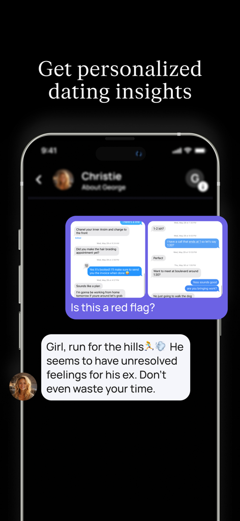 Amori: personal dating coach - Amori app interface showing an AI dating coach named Christie analyzing a text conversation for red flags.