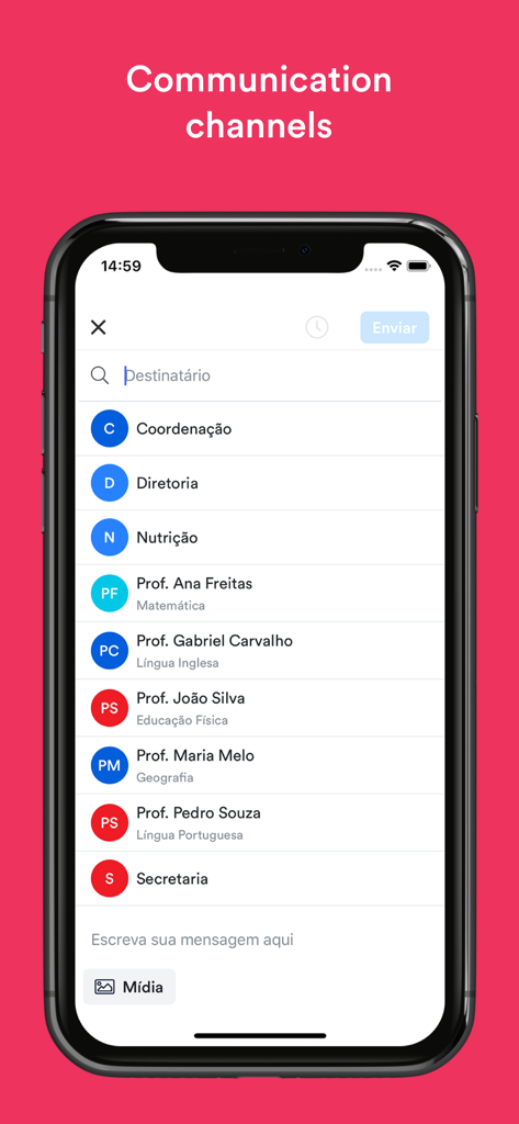 ClassApp - Mobile interface of ClassApp displaying a list of school departments and teachers for parent communication.