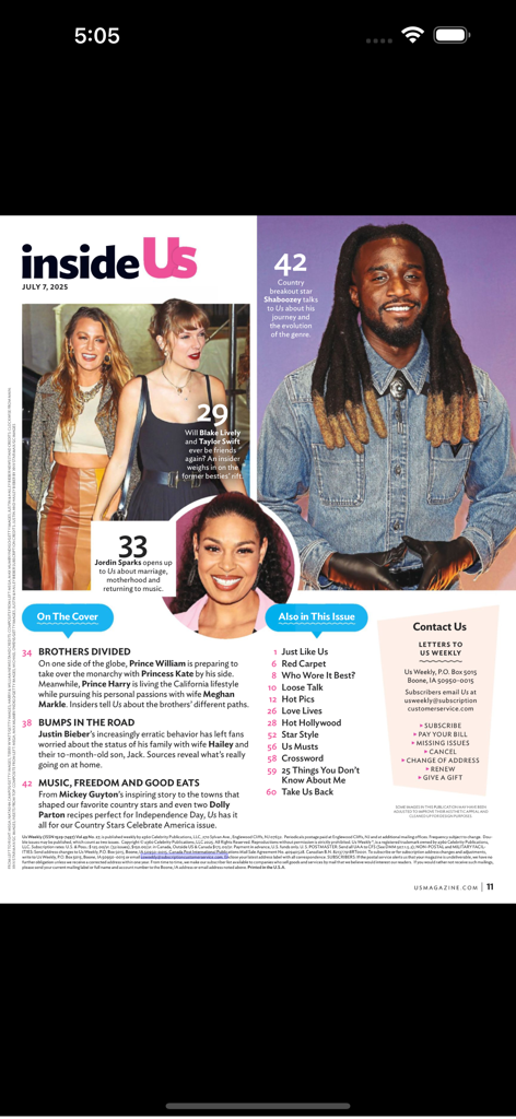 A digital page from the Us Weekly magazine app featuring articles and photos of various celebrities