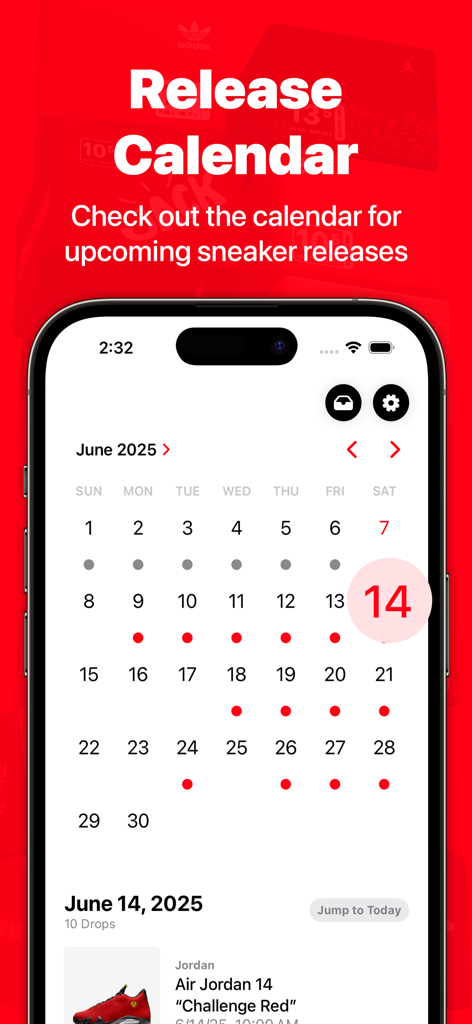 Next Drop – Sneaker Releases - Next Drop app screenshot showing a calendar with upcoming sneaker release dates and a preview of an Air Jordan drop
