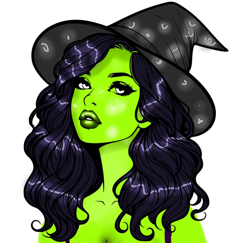 realistic witch girl with wavy hair and lips