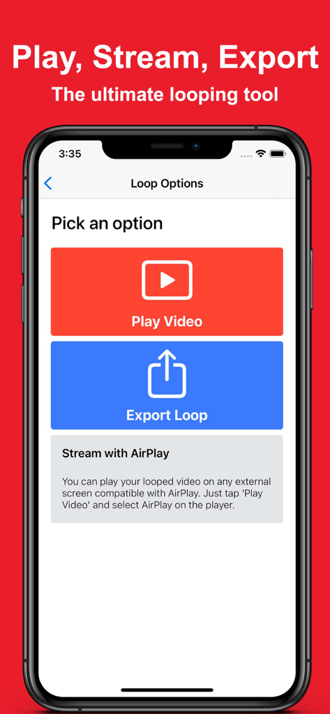 Video Looper - Replay Videos - AirPlayを使用してビデオループを再生、エクスポート、またはストリーミングするオプションが表示されたiPhone画面