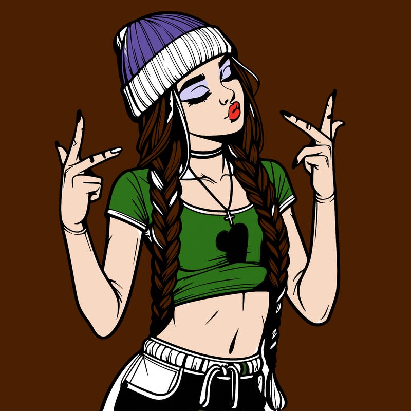 realistic teenage girl with braids and a beanie and crop top doing 🫶🏼