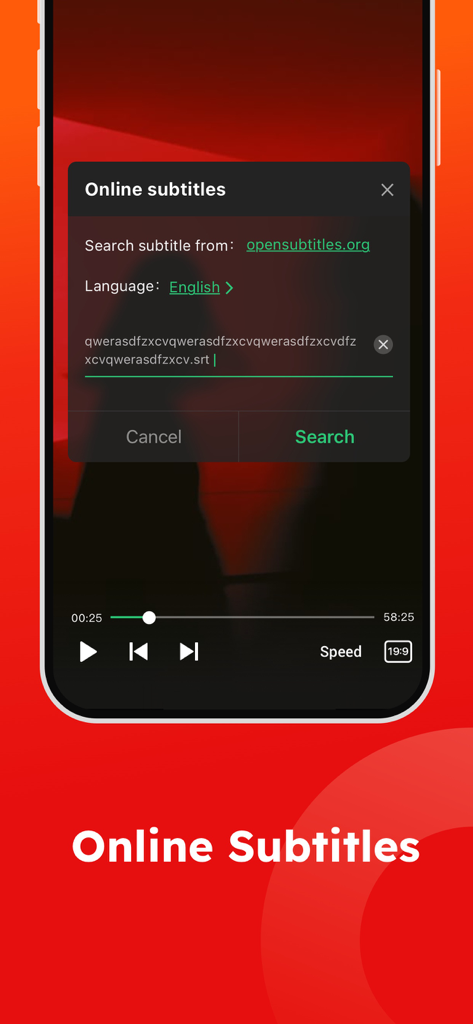 PLAYit-All in One Video Player - Interface of the PLAYit app showing the online subtitles search feature for videos.