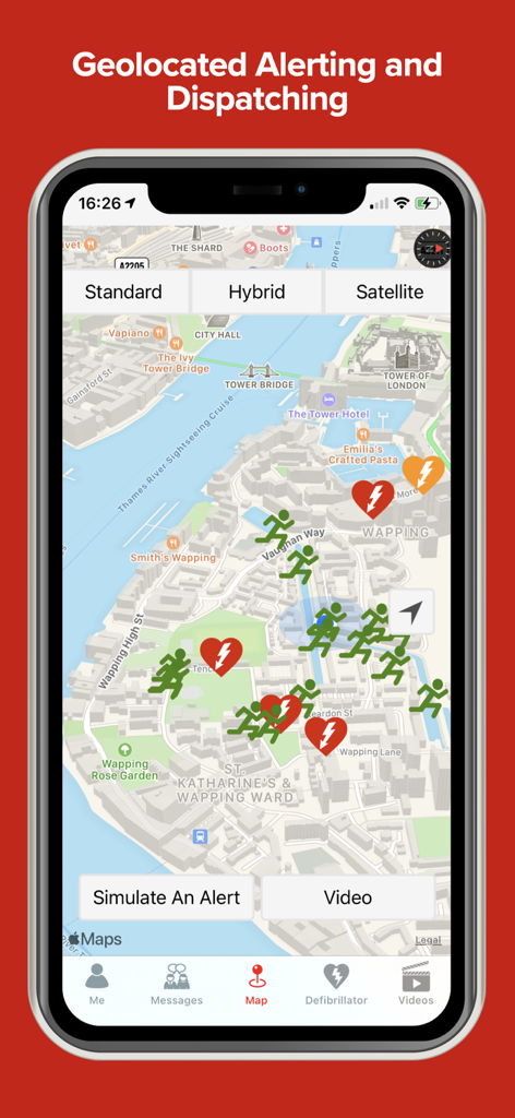 GoodSAM Responder - Interface of the GoodSAM Responder app showing a map with emergency alerts and responder locations