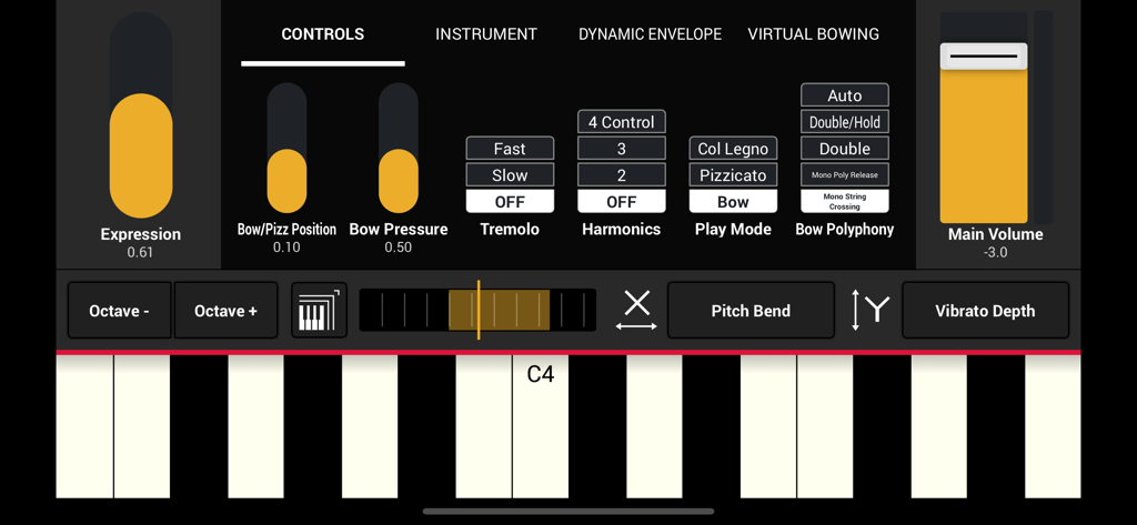 Detailed control panel of SWAM Cello app for iOS showing expression sliders and musical keyboard