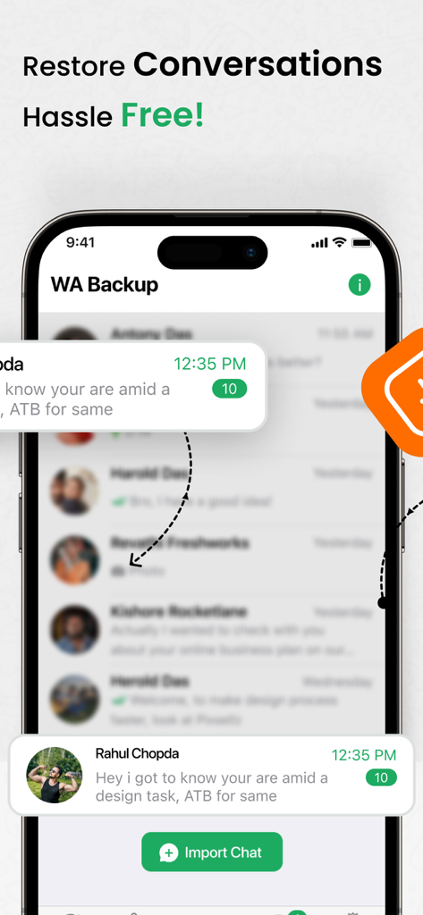 WT Backup & Restore - StoryBox - Pantalla de iPhone que muestra la interfaz de WT Backup and Restore para recuperar conversaciones de WhatsApp e importar chats