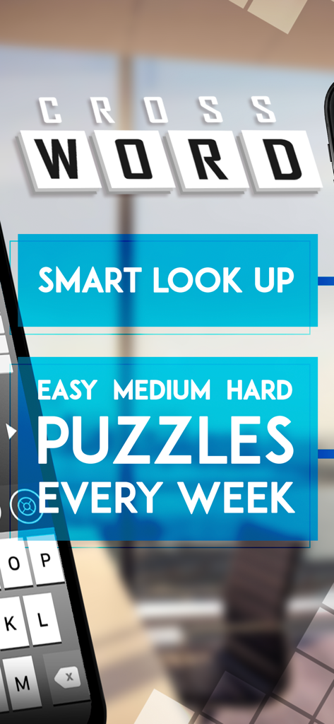 Crossword Puzzle Redstone - Interfaccia dell'app Cruciverba Redstone che evidenzia 'Smart Look Up' e i livelli di difficoltà dei puzzle settimanali.